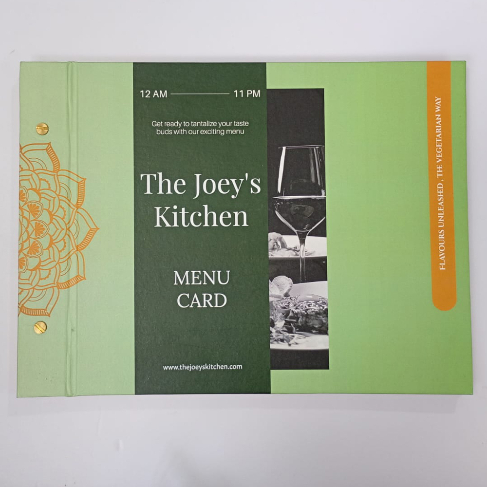 The Joeys Kitchen Menu Card - High-Quality Cardstock, A4 29.7x21 cm, Green with Orange and Black Accents, Matte Finish, Tear-Resistant, Customizable