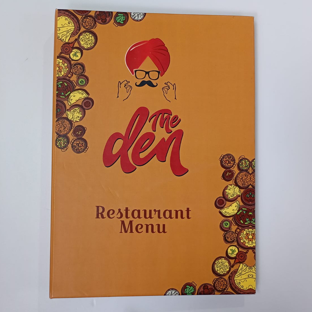 The Den Restaurant Menu Card - High-Quality Cardboard, A4 Size, Multicolor Orange | Matte/Glossy Finish, Customizable Pages, Softcover, Water Resistant Option