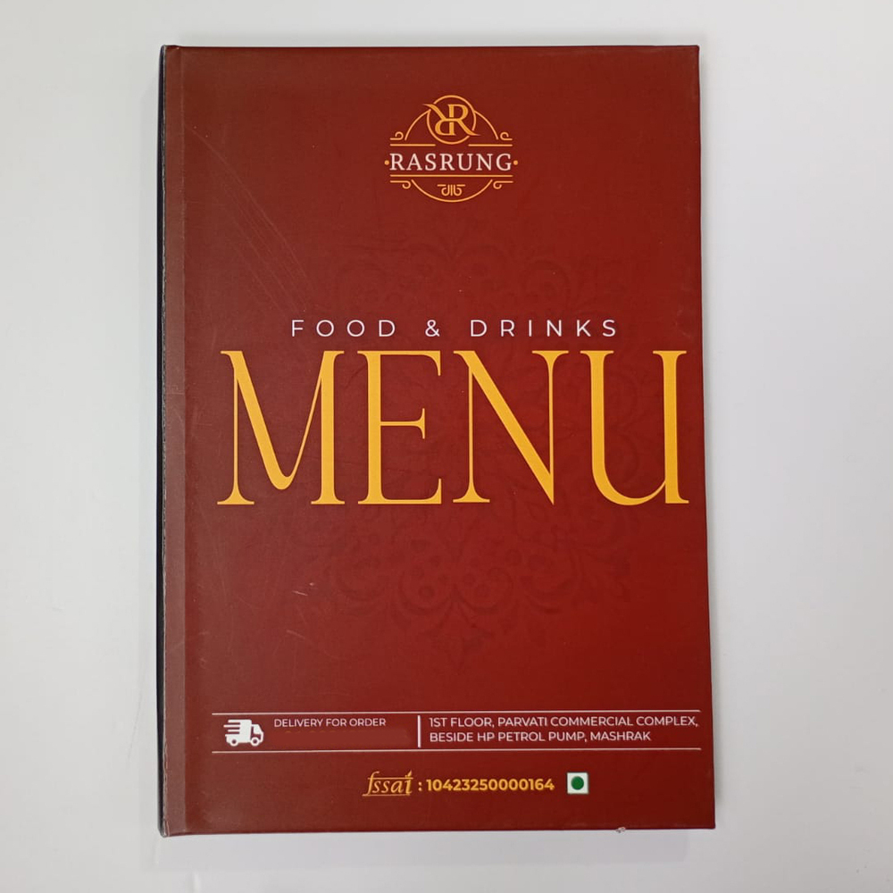 Food And Drink Menu Card - Hardboard with Matte Laminate, 30x22x1cm, Burgundy Red with Yellow Text, Water-Resistant Coating, Customizable Cover