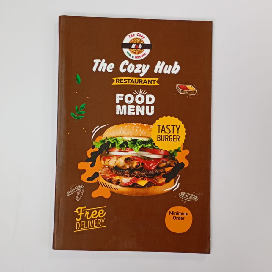 The Cozy Hub Food Menu Card - High-Quality Paper, A4 Size, Multicolor, Glossy Lamination, Staple-Bound, Tear-Resistant