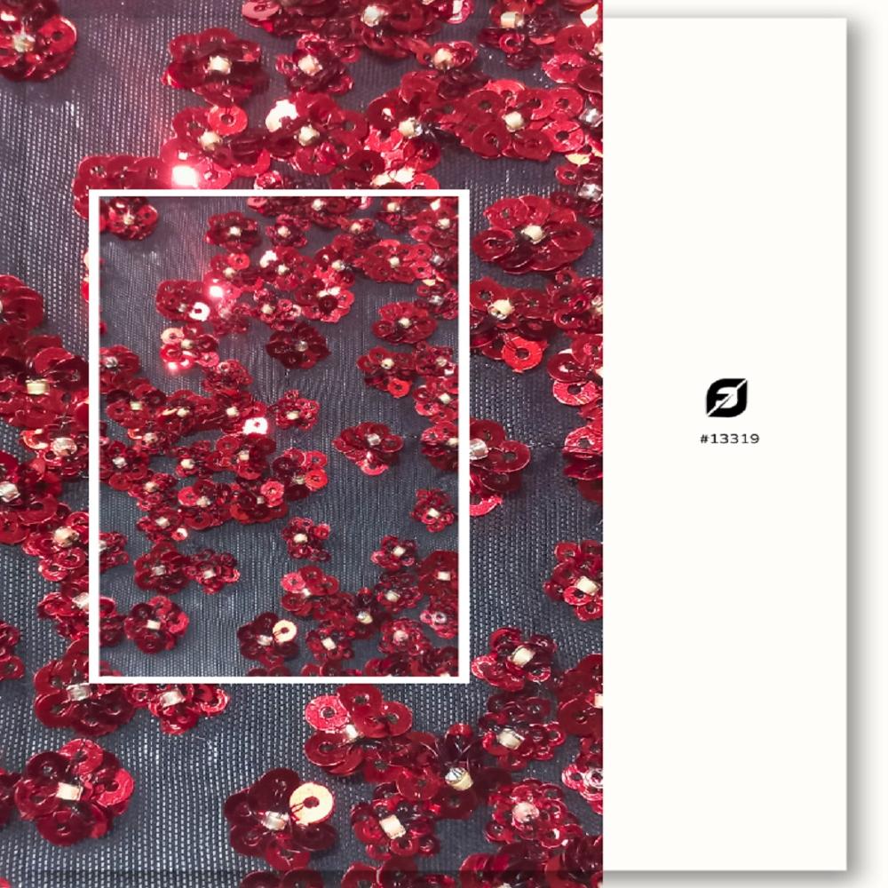 Fabricdiary Crystal Red Sequins & Beads Embroidery Fabric