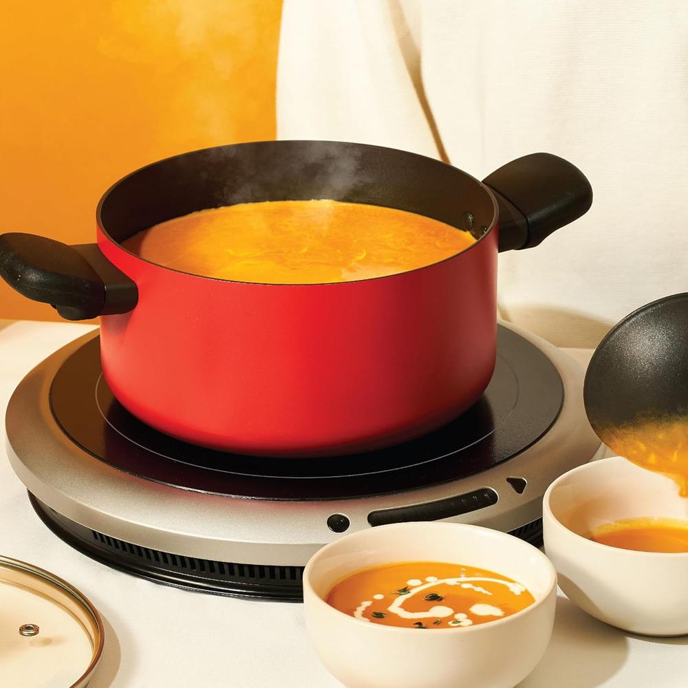 Meyer Aluminium Bahaus Nonstick Casserole With Lid, Biryani Pot | Handi | Rice Cooking | Nonstick Big Size 5.2 Litre, 24Cm, Red 14202