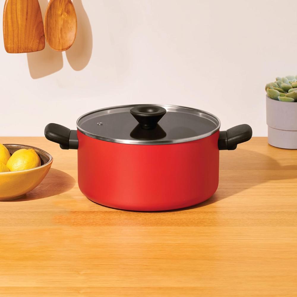 Meyer Aluminium Bahaus Nonstick Casserole With Lid, Biryani Pot | Handi | Rice Cooking | Nonstick Big Size 5.2 Litre, 24Cm, Red 14202