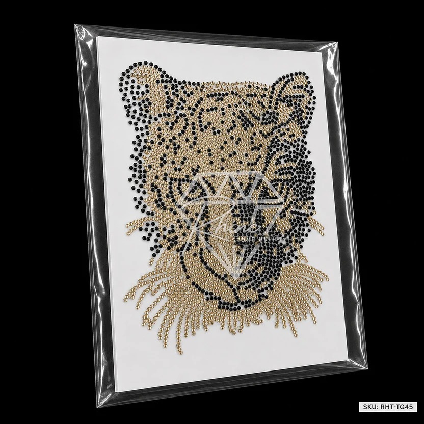 Premium Leopard Face Hotfix Rhinestone Transfer Sticker | Crystal Leopard Heat Transfer Design For Garments - Color: Gold