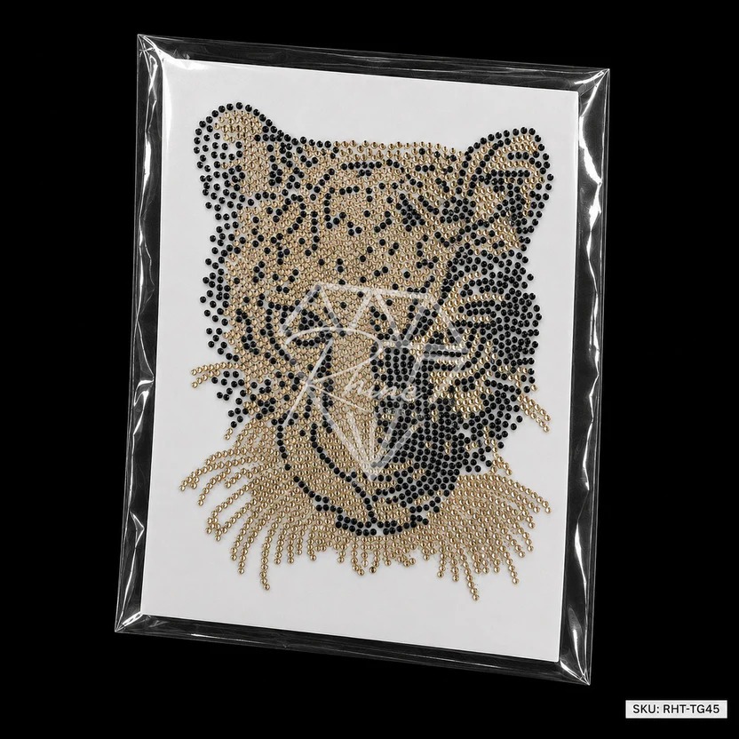 Premium Leopard Face Hotfix Rhinestone Transfer Sticker | Crystal Leopard Heat Transfer Design for Garments