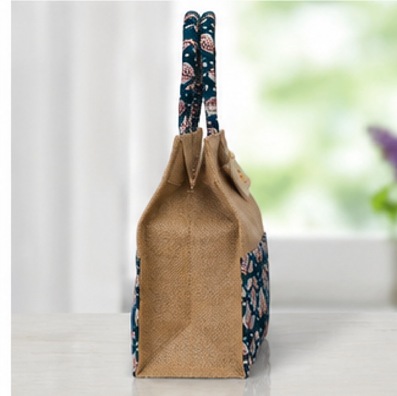 Fancy Jute Bag - Color: Beige With Multicolor Floral Print