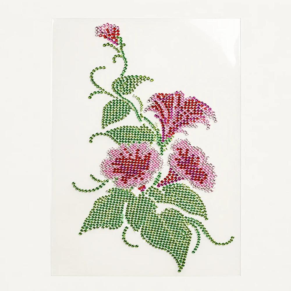 Premium Floral Hotfix Rhinestone Transfer Sticker | Crystal Flower Heat Transfer Design For Garments - Color: Pink