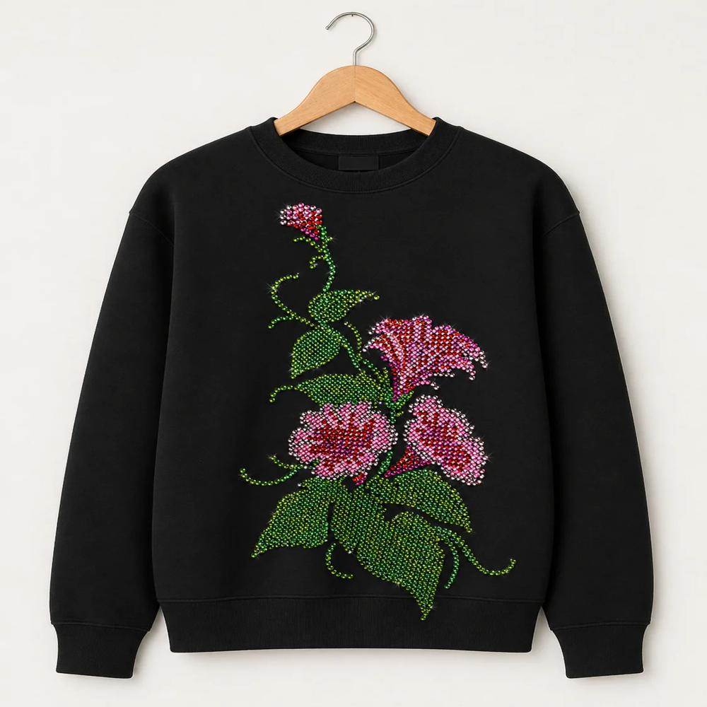 Premium Floral Hotfix Rhinestone Transfer Sticker | Crystal Flower Heat Transfer Design for Garments