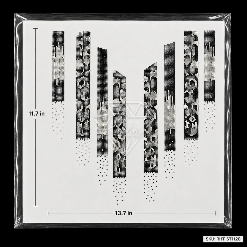 Premium Geometric Rhinestone Border Heat Transfer Sticker | Designer Vertical Panel Hotfix Stone Transfer for Garments