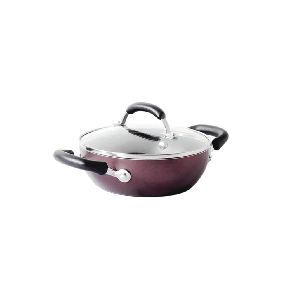 Meyer Merlot Aluminium Non-Stick Kadai | Kadhai with Glass Lid | Kadai for Deep Frying and Stir Frying | Gas and Induction Compatible 100% Toxic Free, 24cm 11666