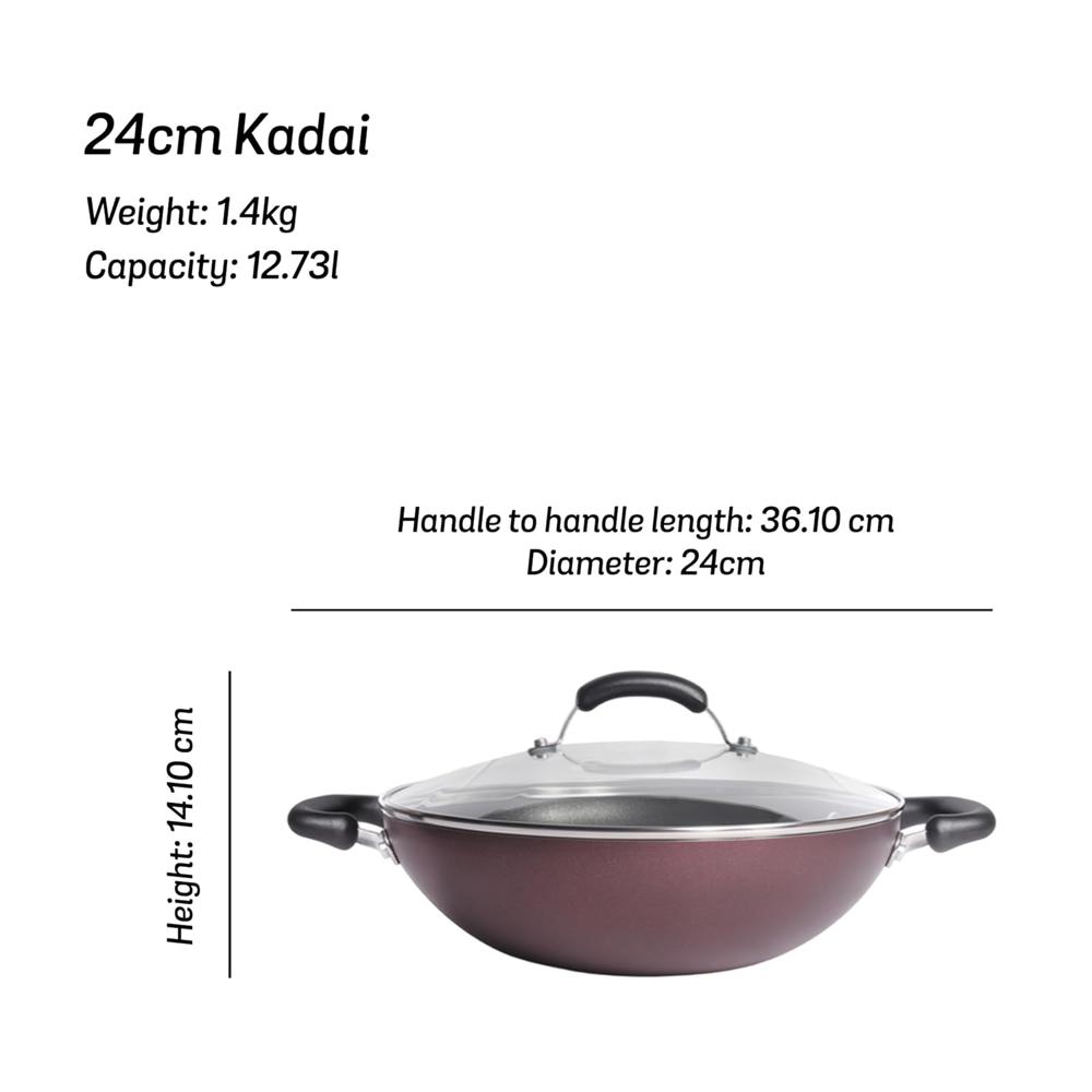 Meyer Merlot Aluminium Non-Stick Kadai | Kadhai with Glass Lid | Kadai for Deep Frying and Stir Frying | Gas and Induction Compatible 100% Toxic Free, 24cm 11666