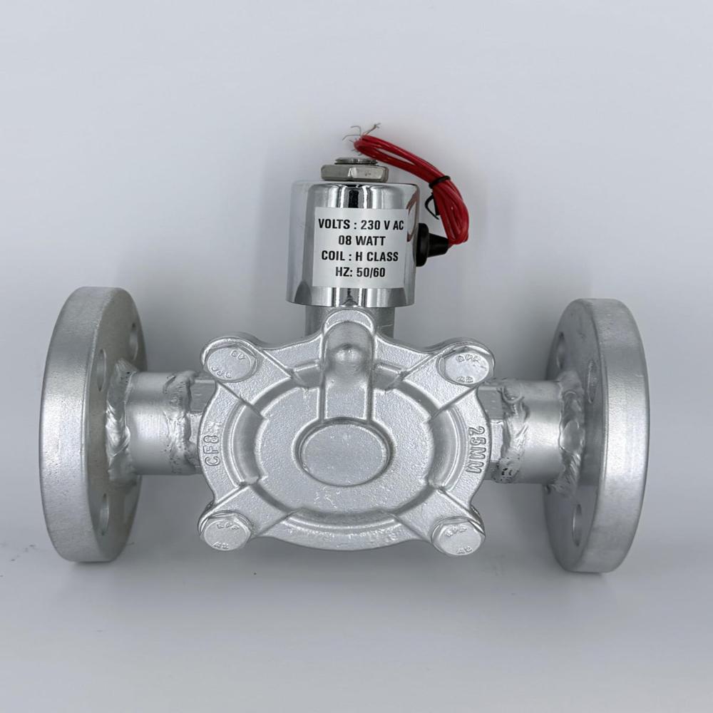 Flanged Type Solenoid Valve - SS-304/SS-316, 1 Inch, Red Actuator | Corrosion Resistant, Direct Acting, ASA 150# Flanged End