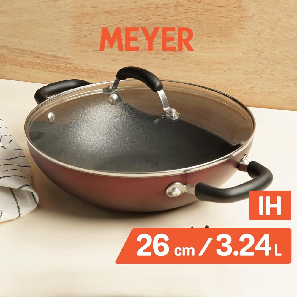 Meyer Merlot Aluminium Non-Stick Kadai | Kadhai with Glass Lid | Kadai for Deep Frying and Stir Frying | Gas and Induction Compatible ) 100% Toxic Free, 26cm/ 3.24 Litre 11672