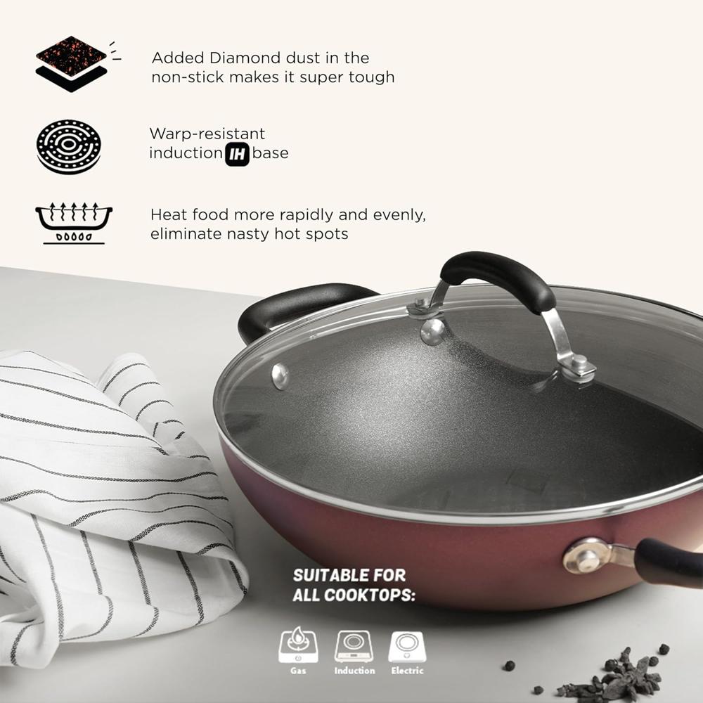 Meyer Merlot Aluminium Non-Stick Kadai | Kadhai with Glass Lid | Kadai for Deep Frying and Stir Frying | Gas and Induction Compatible ) 100% Toxic Free, 26cm/ 3.24 Litre 11672