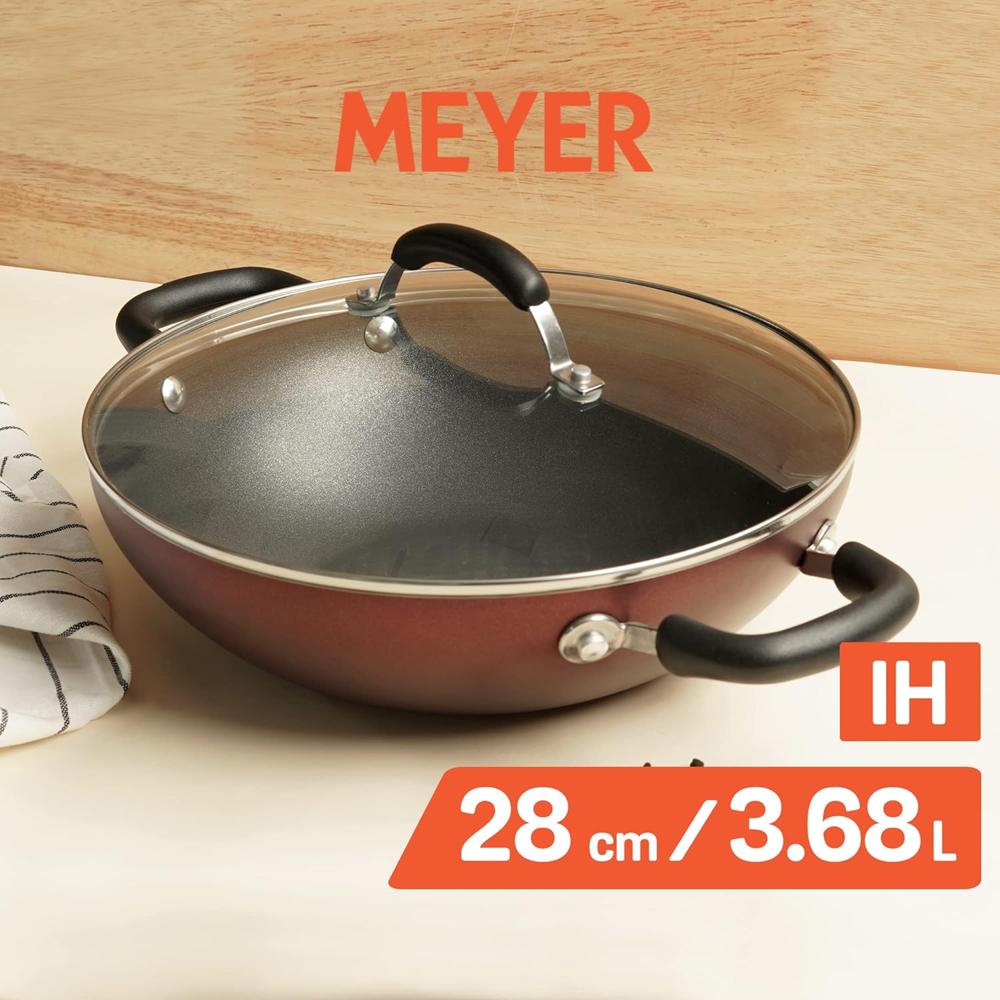 Meyer Merlot Aluminium Non-Stick Kadai | Kadhai with Glass Lid | Kadai for Deep Frying and Stir Frying (Gas and Induction Compatible) PFOA Free, 100% Toxic Free, 28cm/ 3.68 Litre 11643
