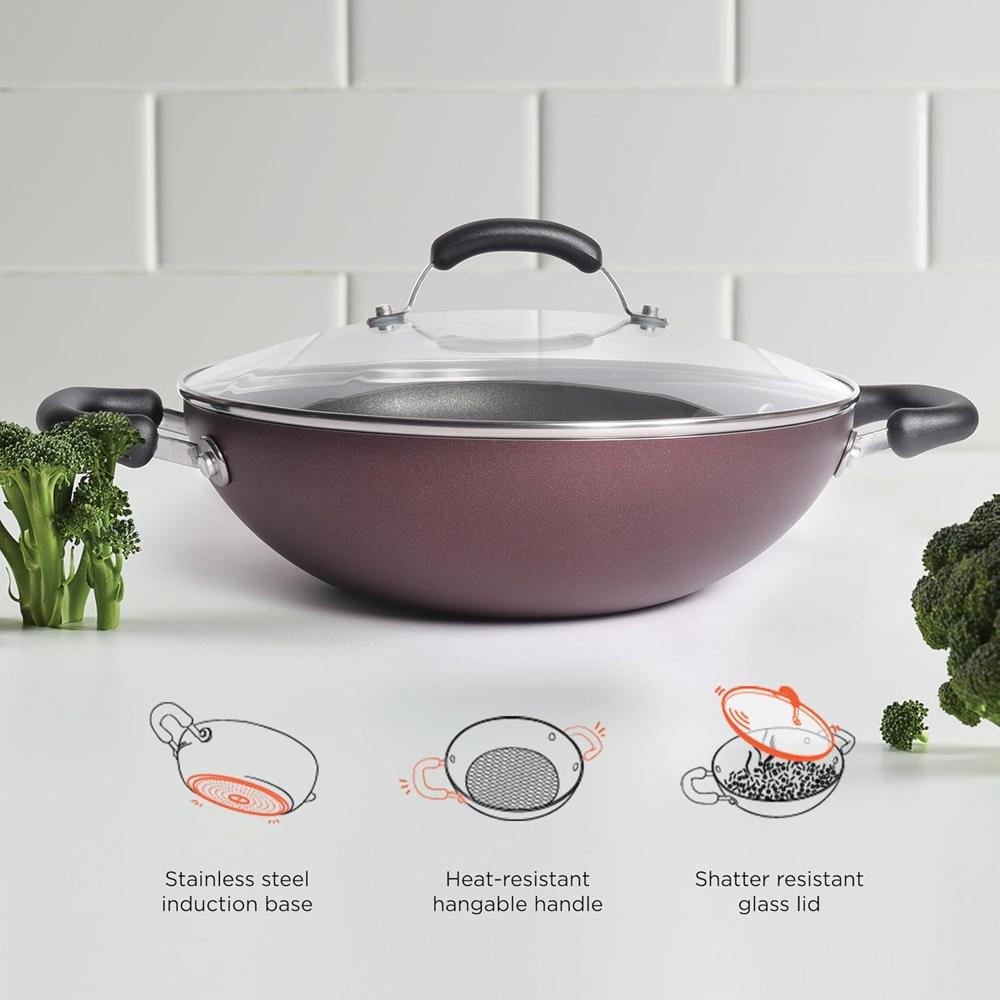 Meyer Merlot Aluminium Non-Stick Kadai | Kadhai with Glass Lid | Kadai for Deep Frying and Stir Frying | Gas and Induction Compatible ) 100% Toxic Free, 30cm/ 4.31 Litre 11673