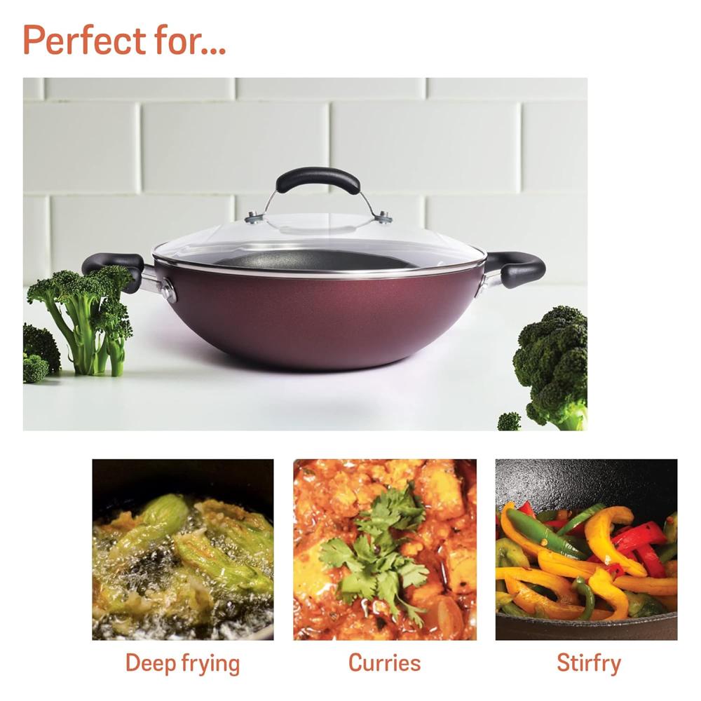Meyer Merlot Aluminium Non-Stick Kadai | Kadhai with Glass Lid | Kadai for Deep Frying and Stir Frying | Gas and Induction Compatible ) 100% Toxic Free, 30cm/ 4.31 Litre 11673