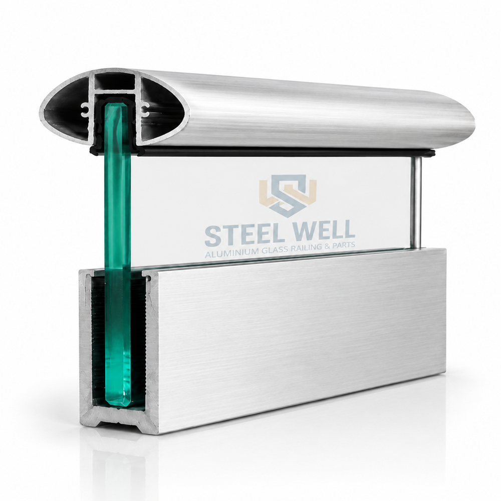 Classic bungalow new look Stailess steel and aluminium railing, 70 x 36 mm Eye Profile Pipe with 37 x 80 mm Channel