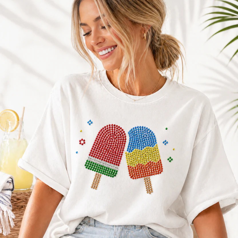 Premium Ice Cream Hotfix Rhinestone Transfer Sticker | Colorful Crystal Popsicle Heat Transfer Design For Kids & Ladies T-shirts - Color: Red