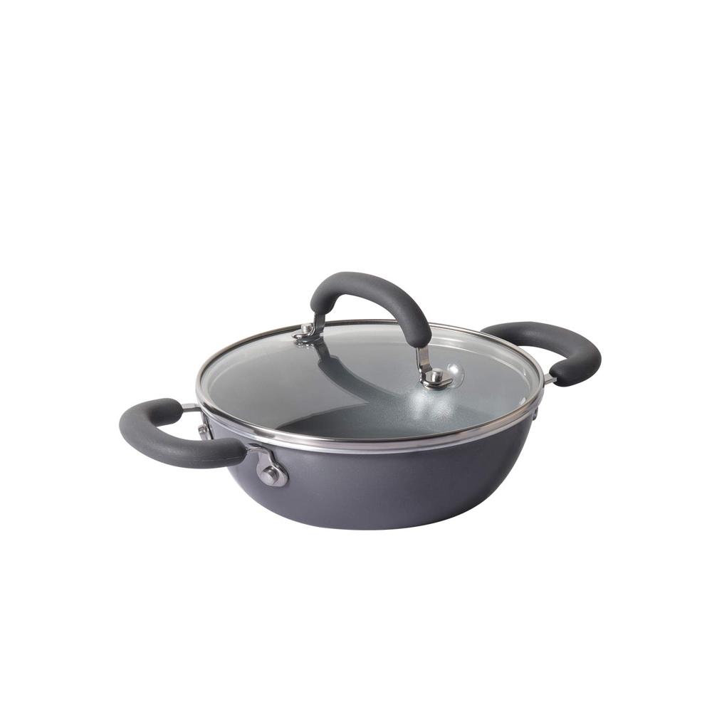 Meyer Anzen Healthy Ceramic Coated Aluminum Kadai with Glass Lid | Ceramic Kadai for Cooking | Kadhai Induction Base | Ceramic Coated cookware | Deep Fry kadai Small Size, 20cm, Grey 11811