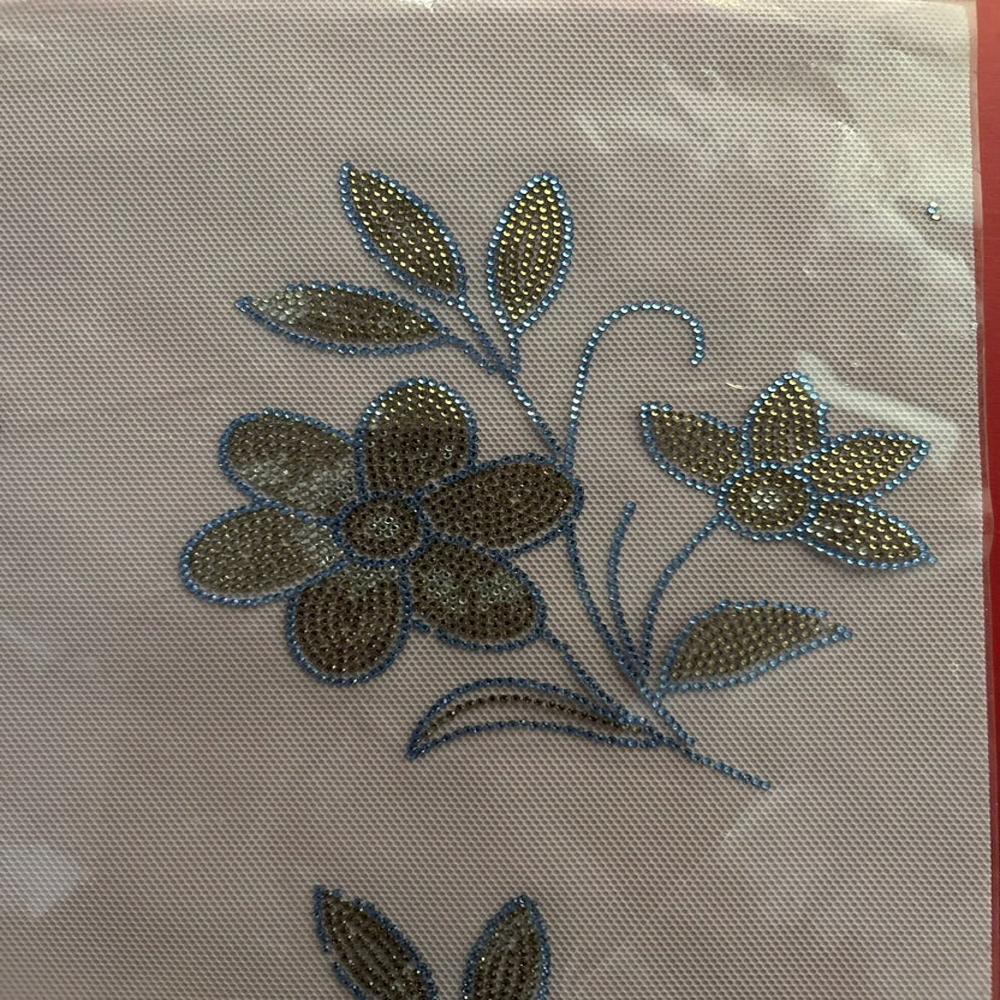 Premium Blue Floral Hotfix Rhinestone Transfer Sticker | Designer Crystal Flower Heat Transfer For Garments - Features: Easy To Apply