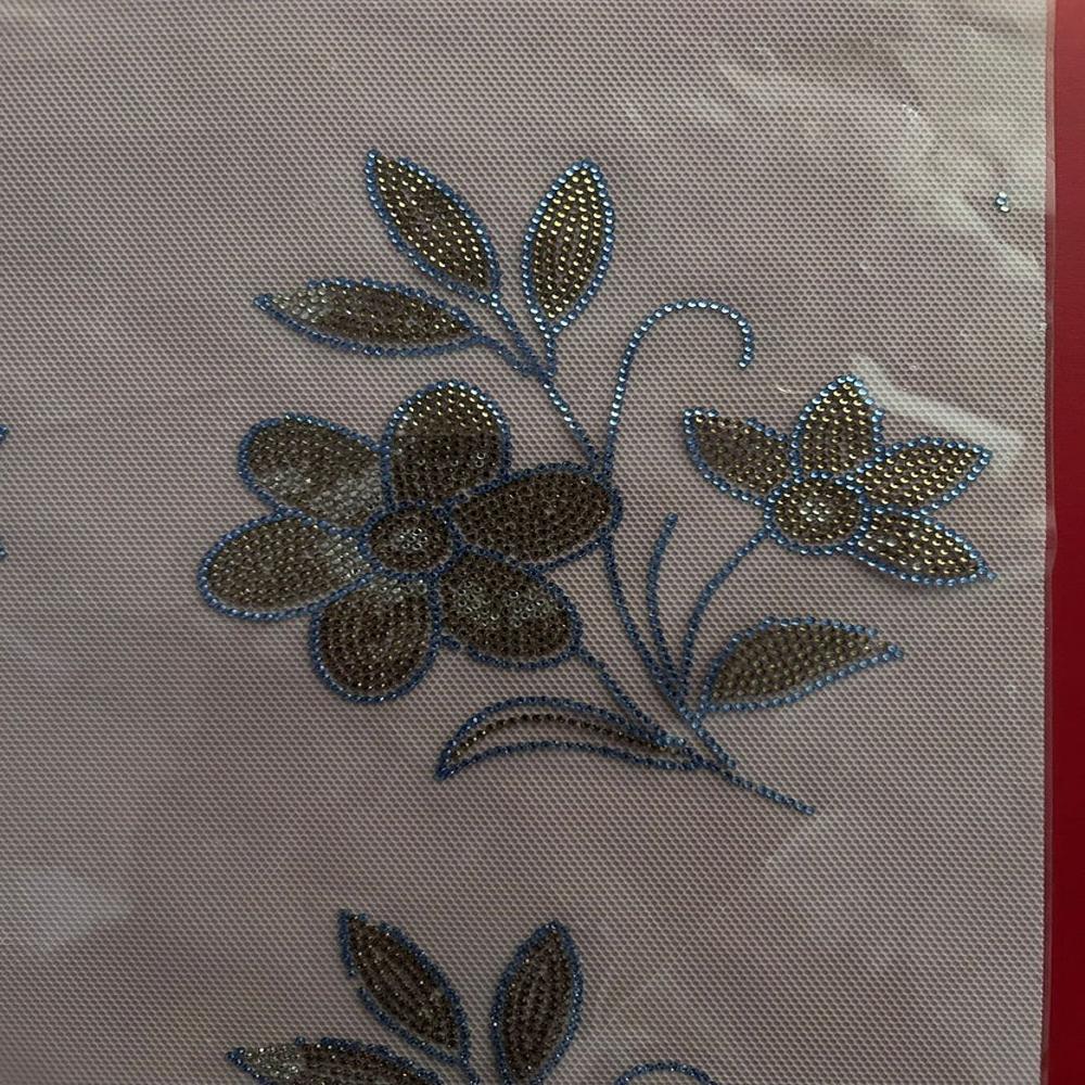 Premium Blue Floral Hotfix Rhinestone Transfer Sticker | Designer Crystal Flower Heat Transfer for Garments