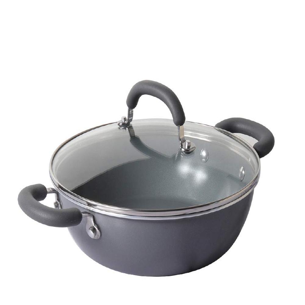 Meyer Anzen Ceramic Coated Aluminum Kadai With Glass Lid | Ceramic Kadai For Cooking | Kadhai Induction Base | Ceramic Coated Non Stick Cookware | Deep Fry Kadai, 24cm, Grey 11460 - Capacity: 2.7l Ltr