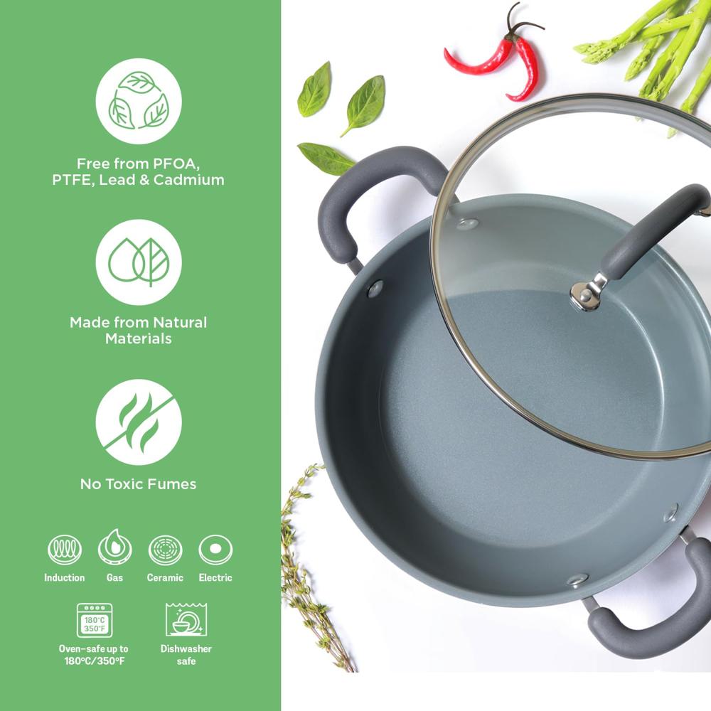 Meyer Anzen Ceramic Coated Aluminum Kadai with Glass Lid | Ceramic Kadai for Cooking | Kadhai Induction Base | Ceramic Coated Non Stick cookware | Deep Fry kadai, 24cm, Grey 11460