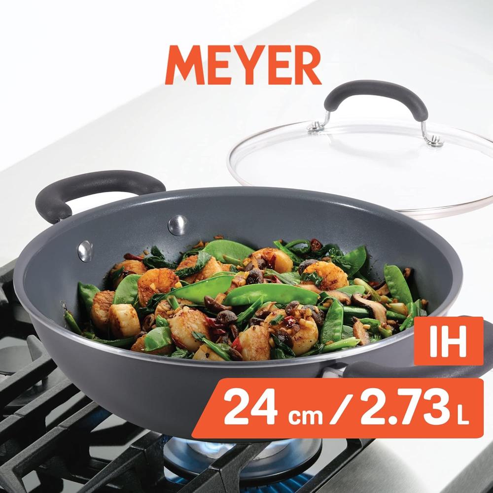 Meyer Anzen Ceramic Coated Aluminum Kadai with Glass Lid | Ceramic Kadai for Cooking | Kadhai Induction Base | Ceramic Coated Non Stick cookware | Deep Fry kadai, 24cm, Grey 11460