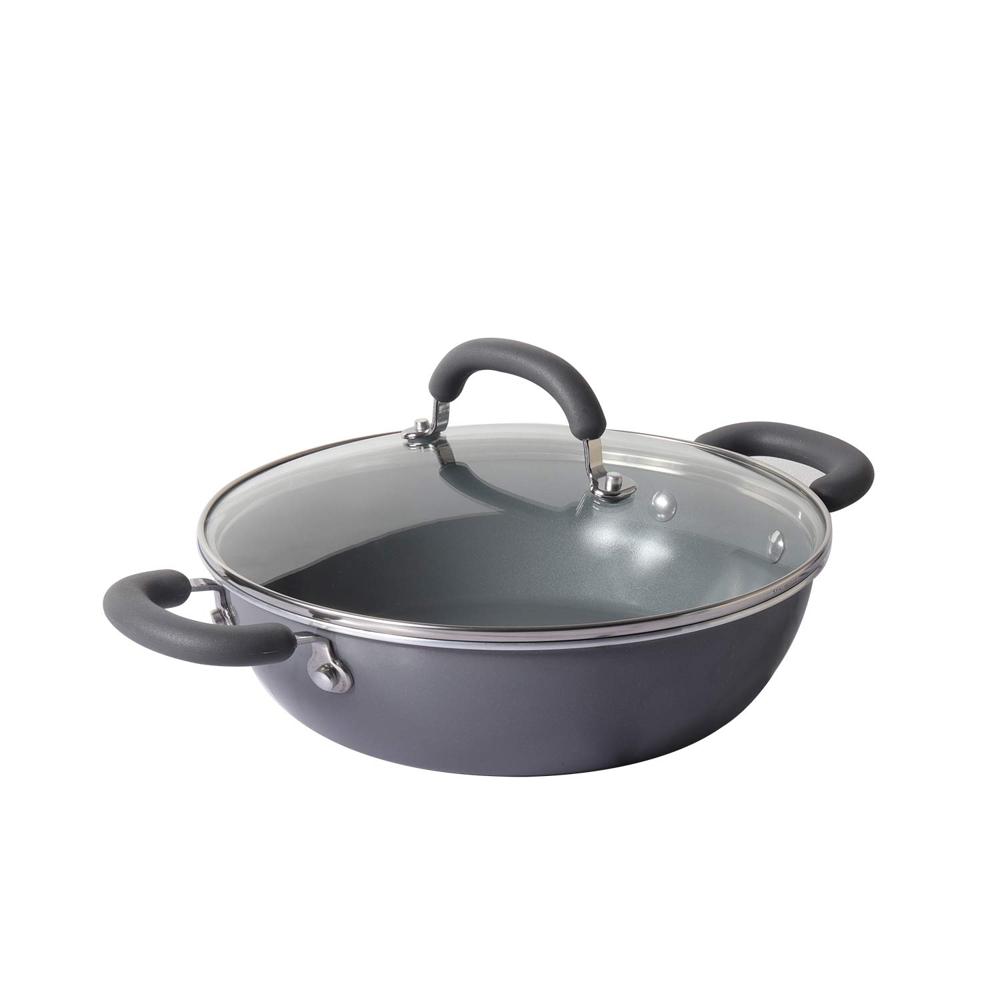 Meyer Anzen Ceramic Coated Aluminum Kadai with Glass Lid | Ceramic Kadai for Cooking | Kadhai Induction Base | Ceramic Coated Non Stick cookware | Deep Fry kadai, 26cm, Grey 11812