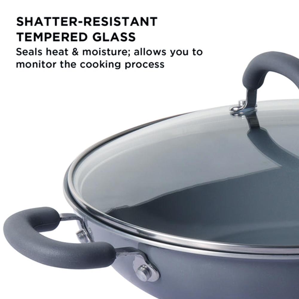 Meyer Anzen Ceramic Coated Aluminum Kadai with Glass Lid | Ceramic Kadai for Cooking | Kadhai Induction Base | Ceramic Coated Non Stick cookware | Deep Fry kadai, 26cm, Grey 11812