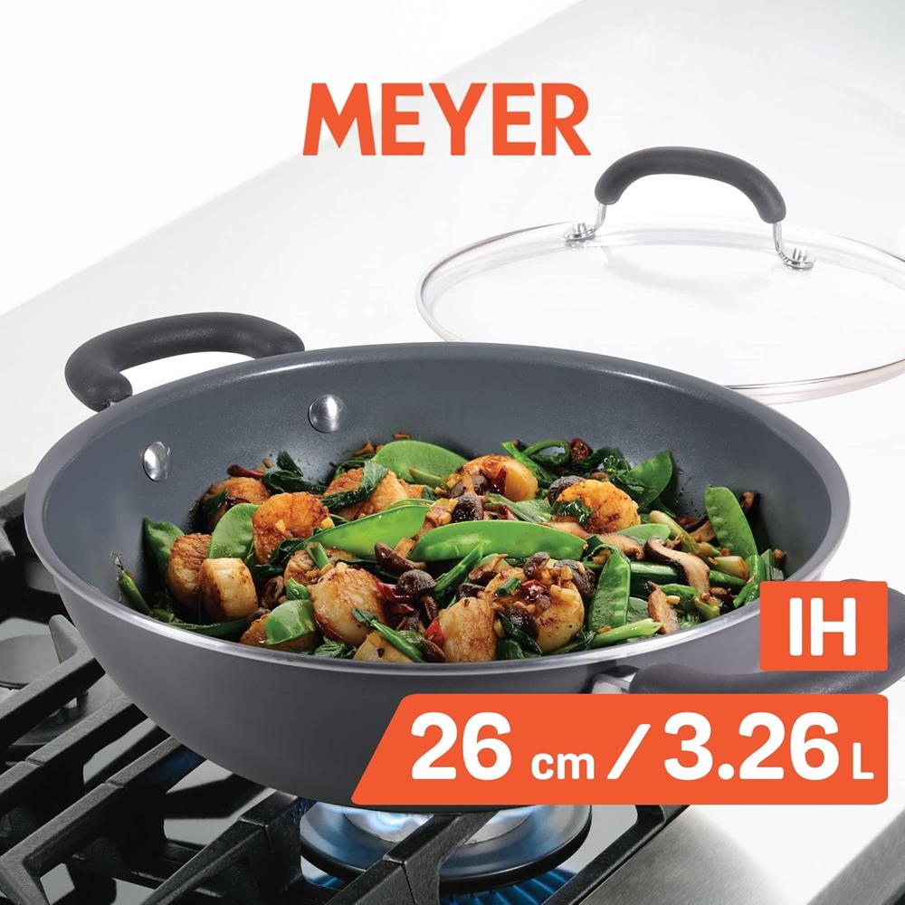 Meyer Anzen Ceramic Coated Aluminum Kadai with Glass Lid | Ceramic Kadai for Cooking | Kadhai Induction Base | Ceramic Coated Non Stick cookware | Deep Fry kadai, 26cm, Grey 11812