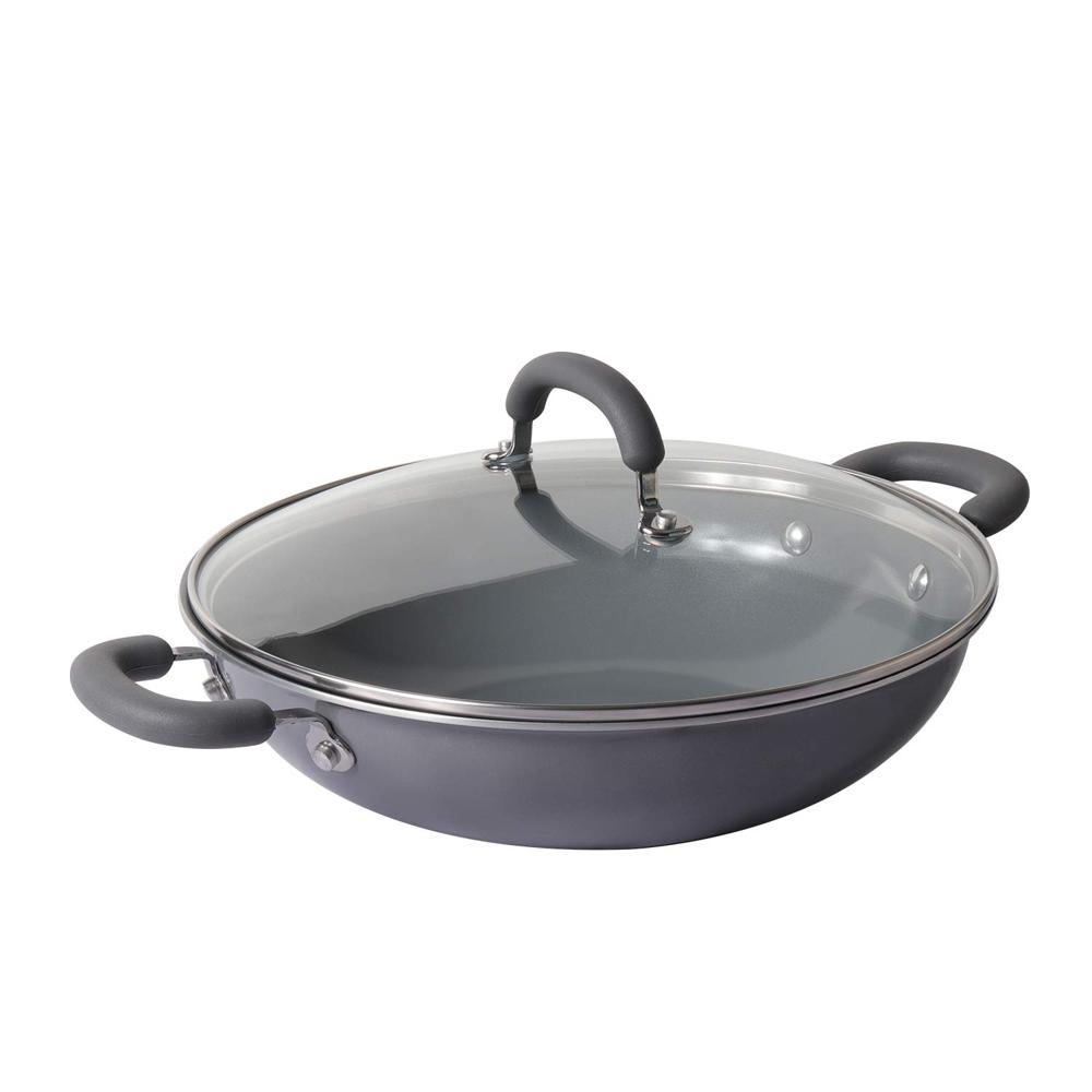 Meyer Anzen, Coated Aluminum Kadai with Glass Lid | Ceramic Kadai for Cooking | Kadhai Induction Base | Ceramic Coated Non Stick cookware | Deep Fry kadai, 30cm, Grey 11813
