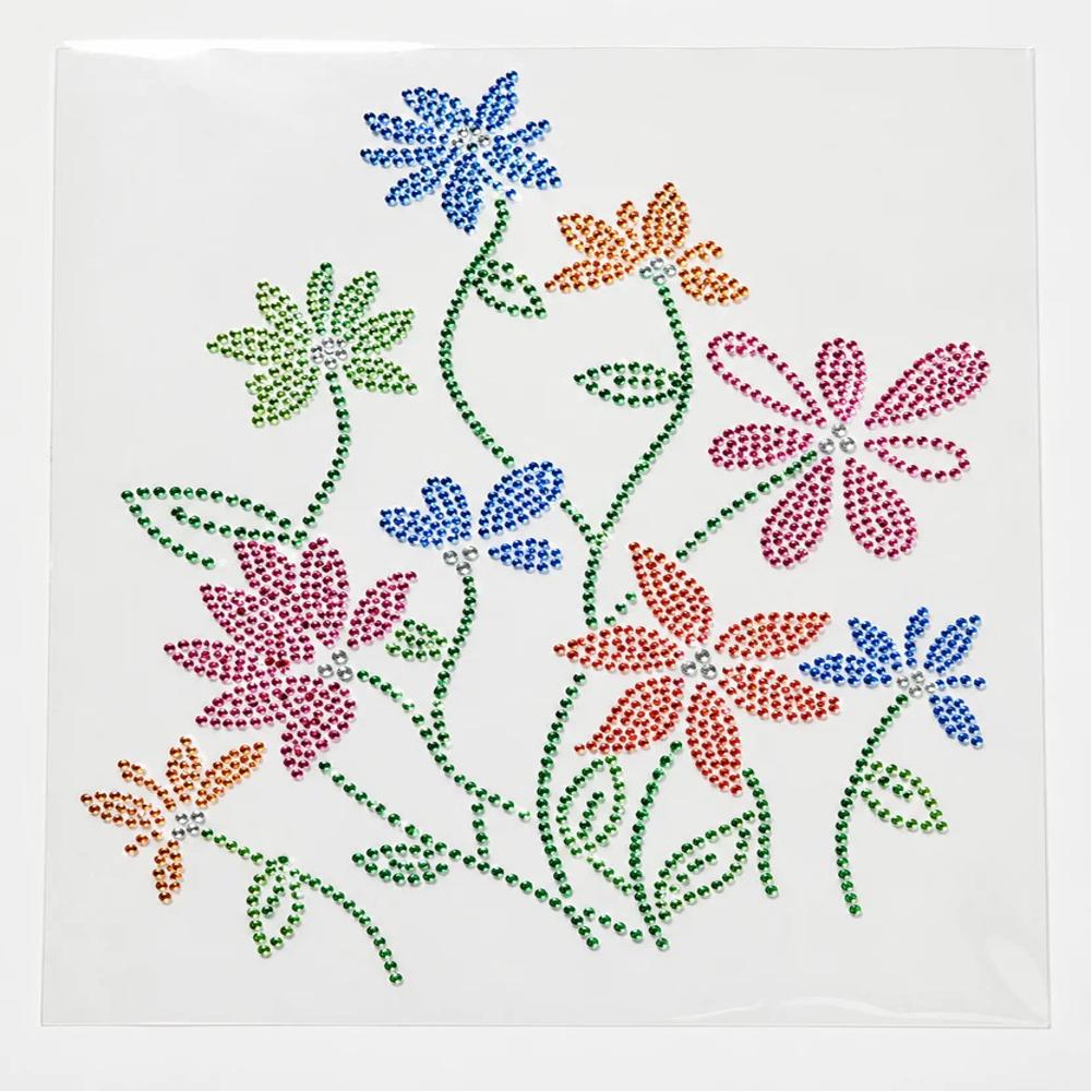 Premium Multi Color Floral Hotfix Rhinestone Transfer Sticker | Crystal Flower Heat Transfer Design for Ladies Garments