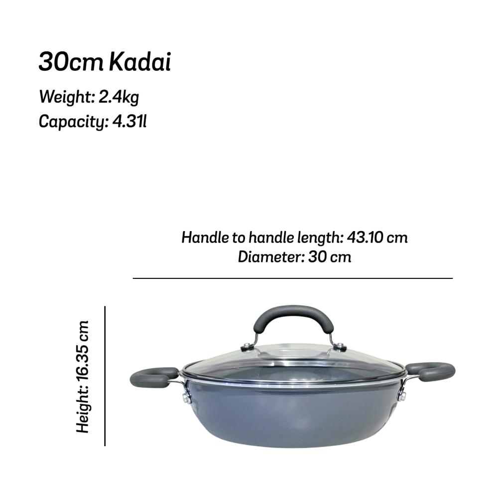 Meyer Anzen, Coated Aluminum Kadai with Glass Lid | Ceramic Kadai for Cooking | Kadhai Induction Base | Ceramic Coated Non Stick cookware | Deep Fry kadai, 30cm, Grey 11813