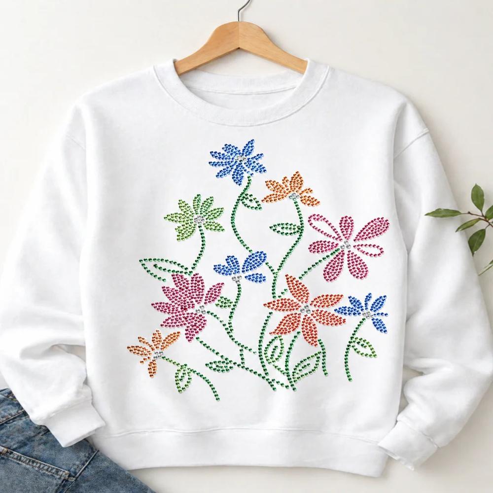 Premium Multi Color Floral Hotfix Rhinestone Transfer Sticker | Crystal Flower Heat Transfer Design for Ladies Garments