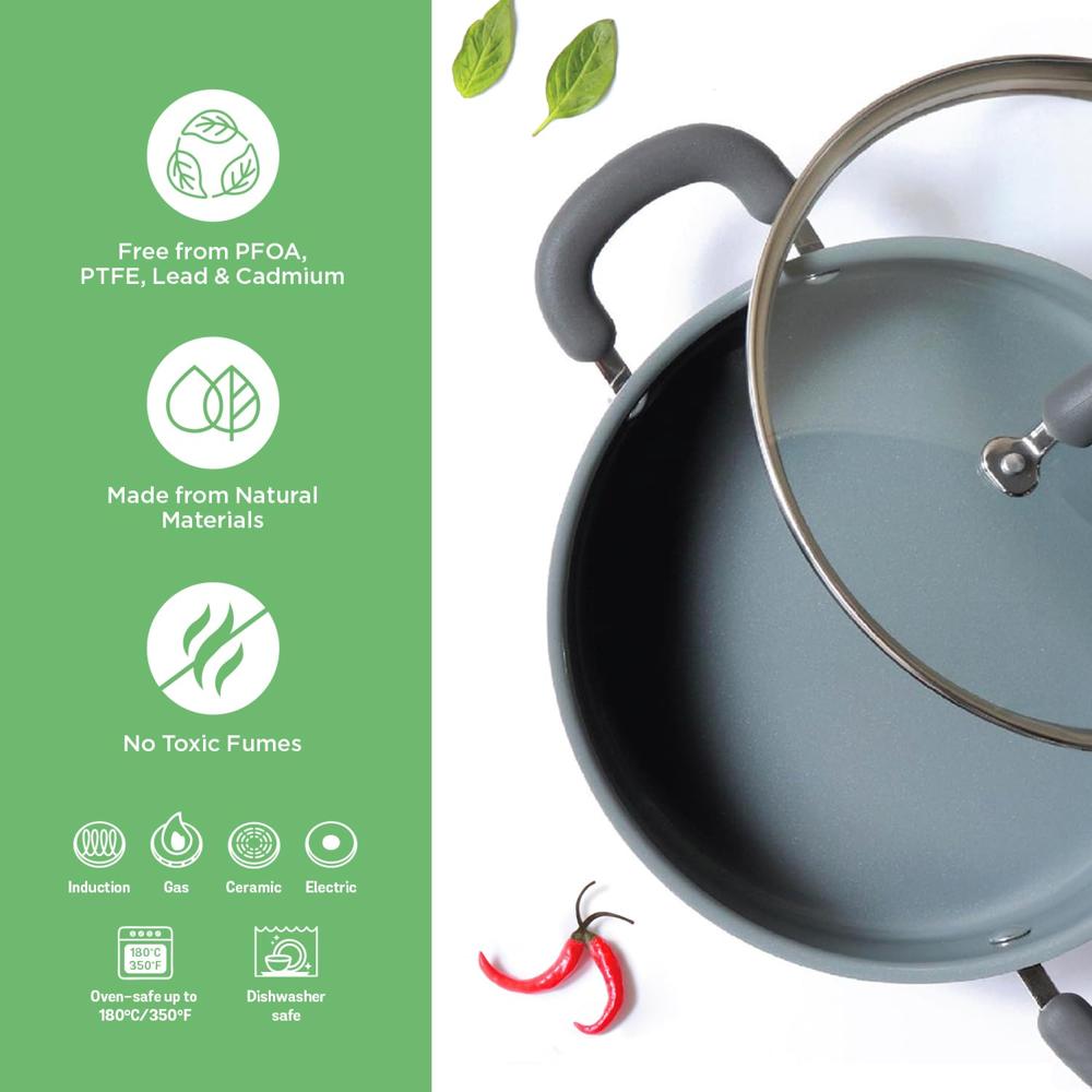 Meyer Anzen Healthy Ceramic Coated Cookware Sauteuse with Glass Lid, 24 cm , Grey 11807