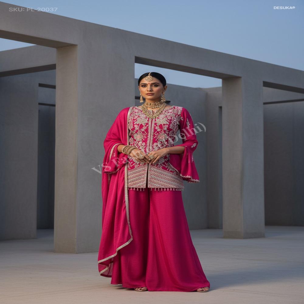 Embroidered Chinnon Kurti with Plazzo