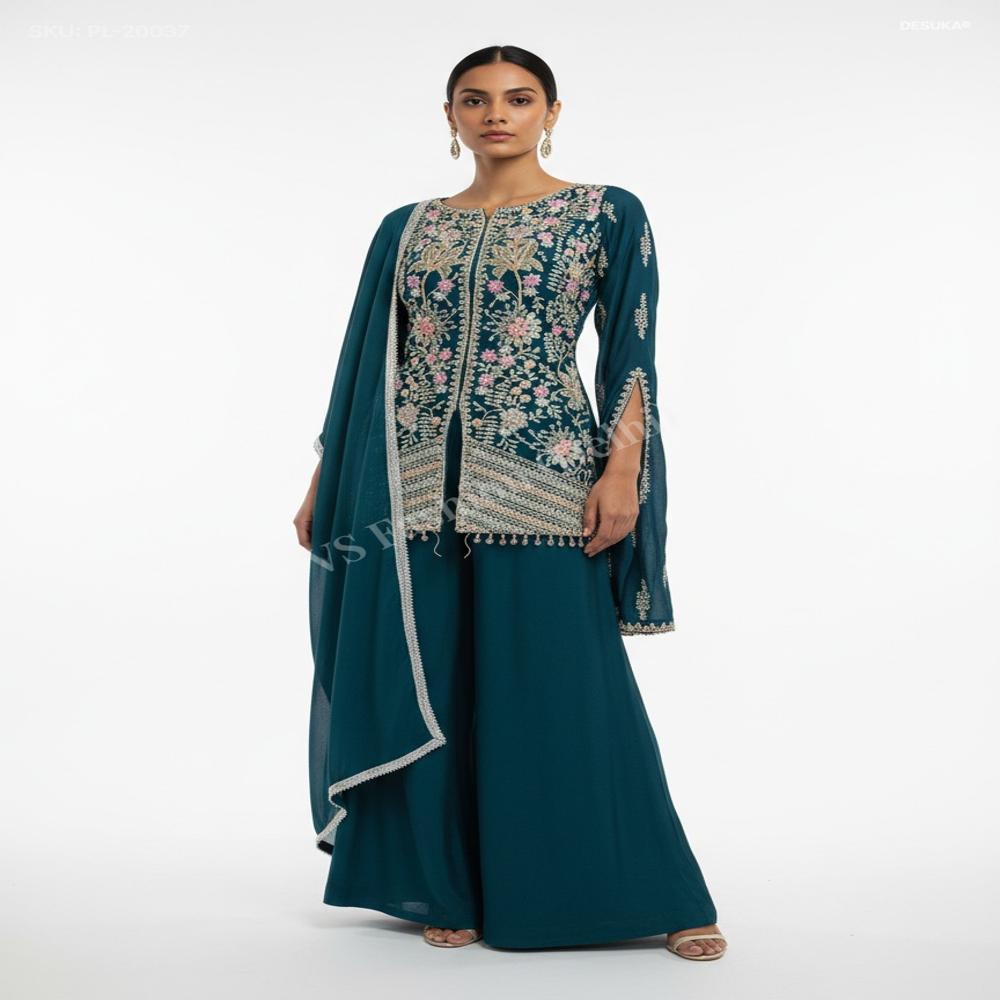 Embroidered Chinnon Kurti with Plazzo