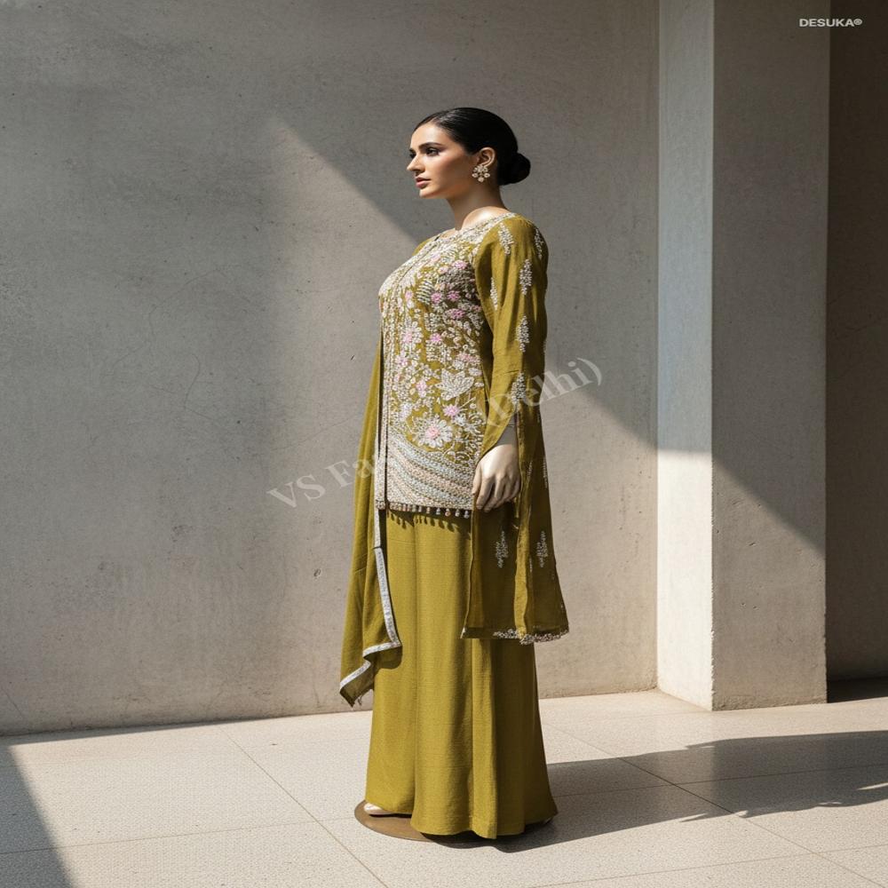 Embroidered Chinnon Kurti with Plazzo