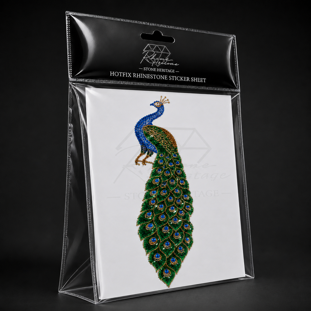 Premium Peacock Hotfix Rhinestone Transfer Sticker | Crystal Peacock Heat Transfer Design For Garments - Color: Blue