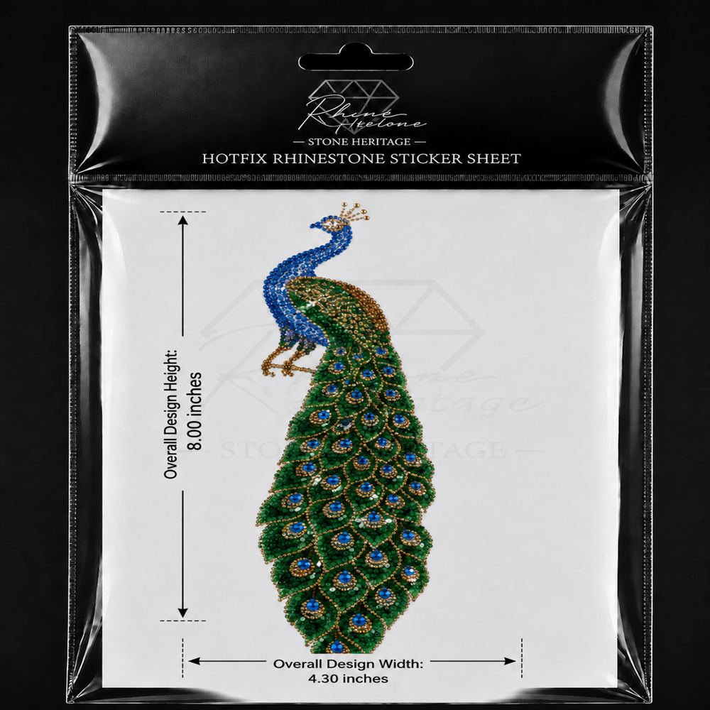 Premium Peacock Hotfix Rhinestone Transfer Sticker | Crystal Peacock Heat Transfer Design for Garments