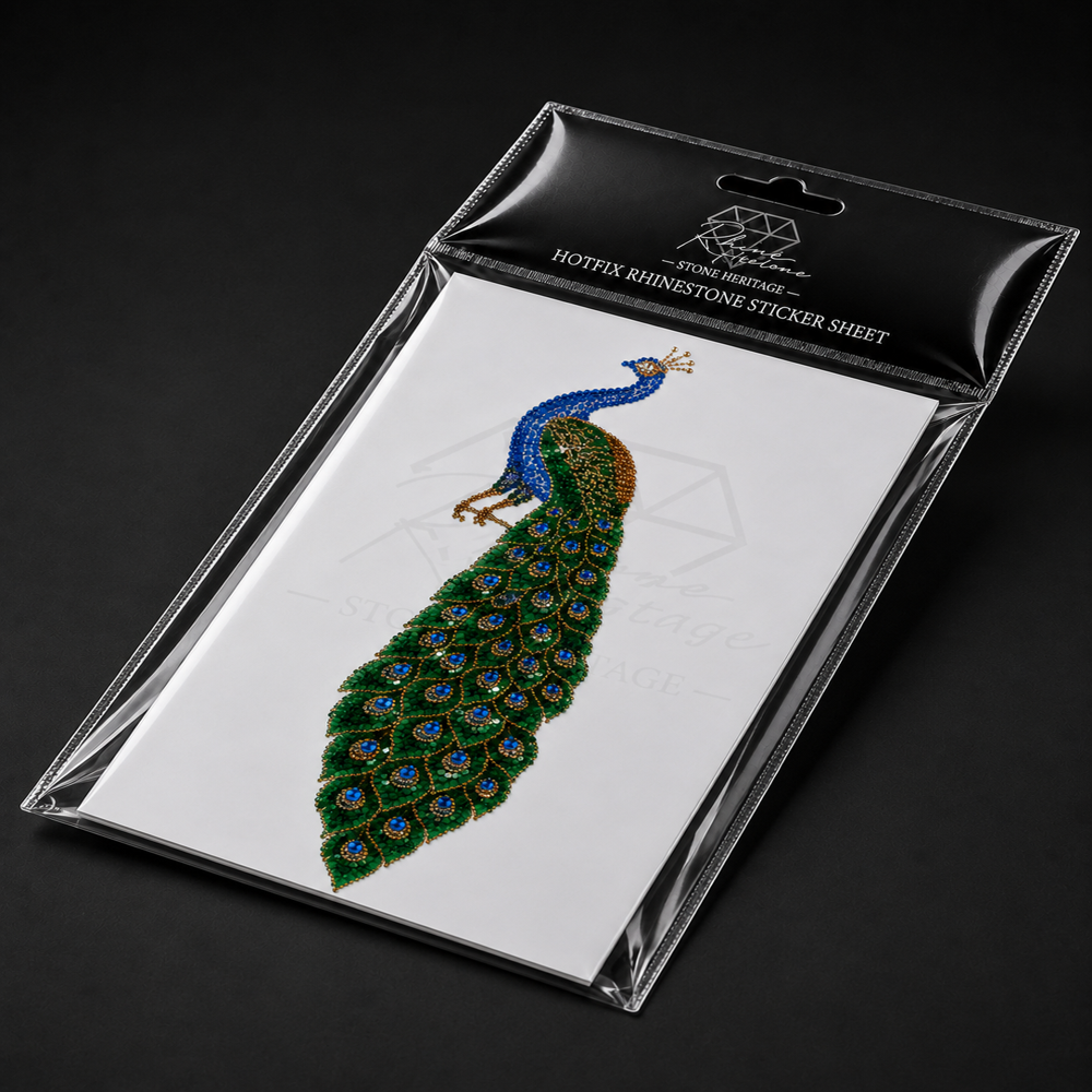 Premium Peacock Hotfix Rhinestone Transfer Sticker | Crystal Peacock Heat Transfer Design for Garments