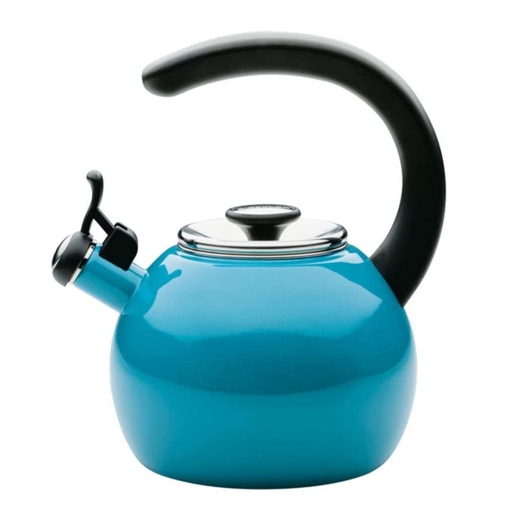 Meyer Circulon Enamel On Steel Whistling Tea Kettle | Hot Water Kettle with Heat-Resistant Phenolic Grip, 1.9 Liters | Gas stovetop and Induction Compatible, Turquoise 48167