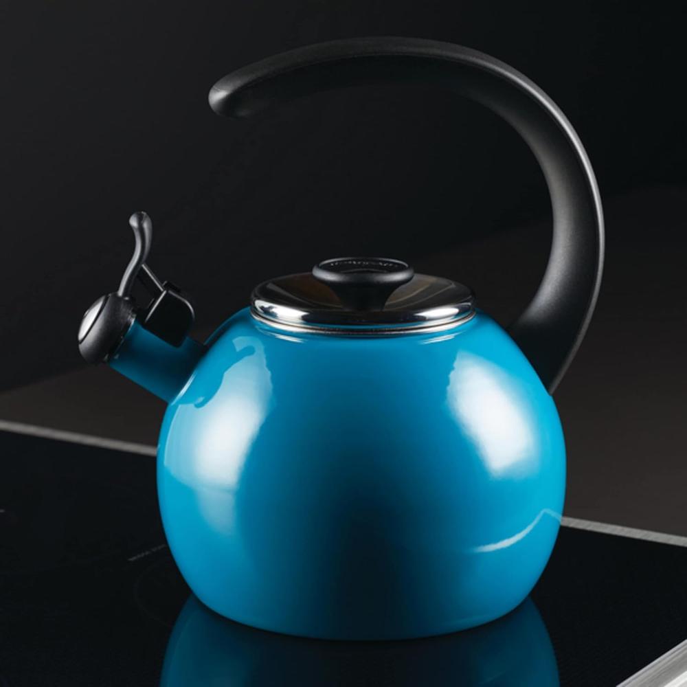 Meyer Circulon Enamel On Steel Whistling Tea Kettle | Hot Water Kettle with Heat-Resistant Phenolic Grip, 1.9 Liters | Gas stovetop and Induction Compatible, Turquoise 48167