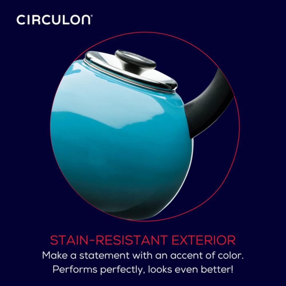 Meyer Circulon Enamel On Steel Whistling Tea Kettle | Hot Water Kettle with Heat-Resistant Phenolic Grip, 1.9 Liters | Gas stovetop and Induction Compatible, Turquoise 48167