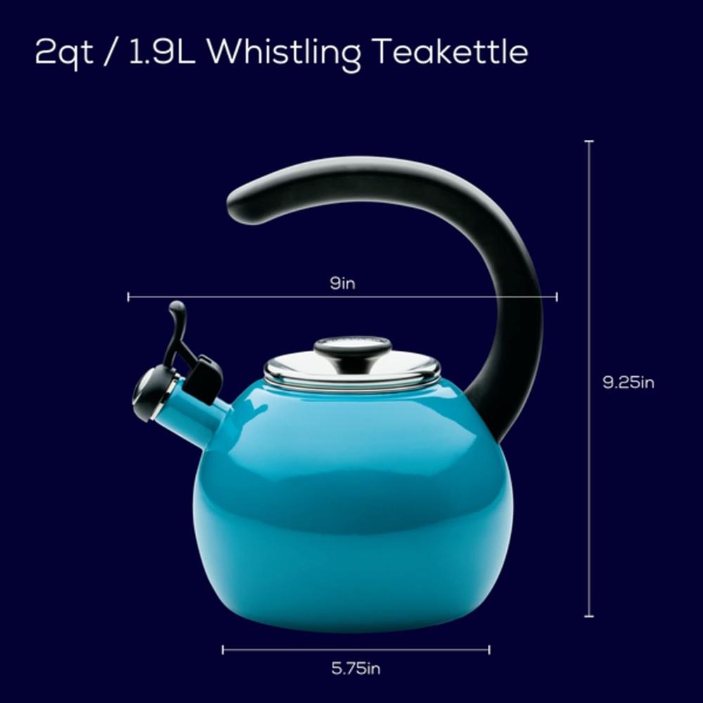 Meyer Circulon Enamel On Steel Whistling Tea Kettle | Hot Water Kettle with Heat-Resistant Phenolic Grip, 1.9 Liters | Gas stovetop and Induction Compatible, Turquoise 48167
