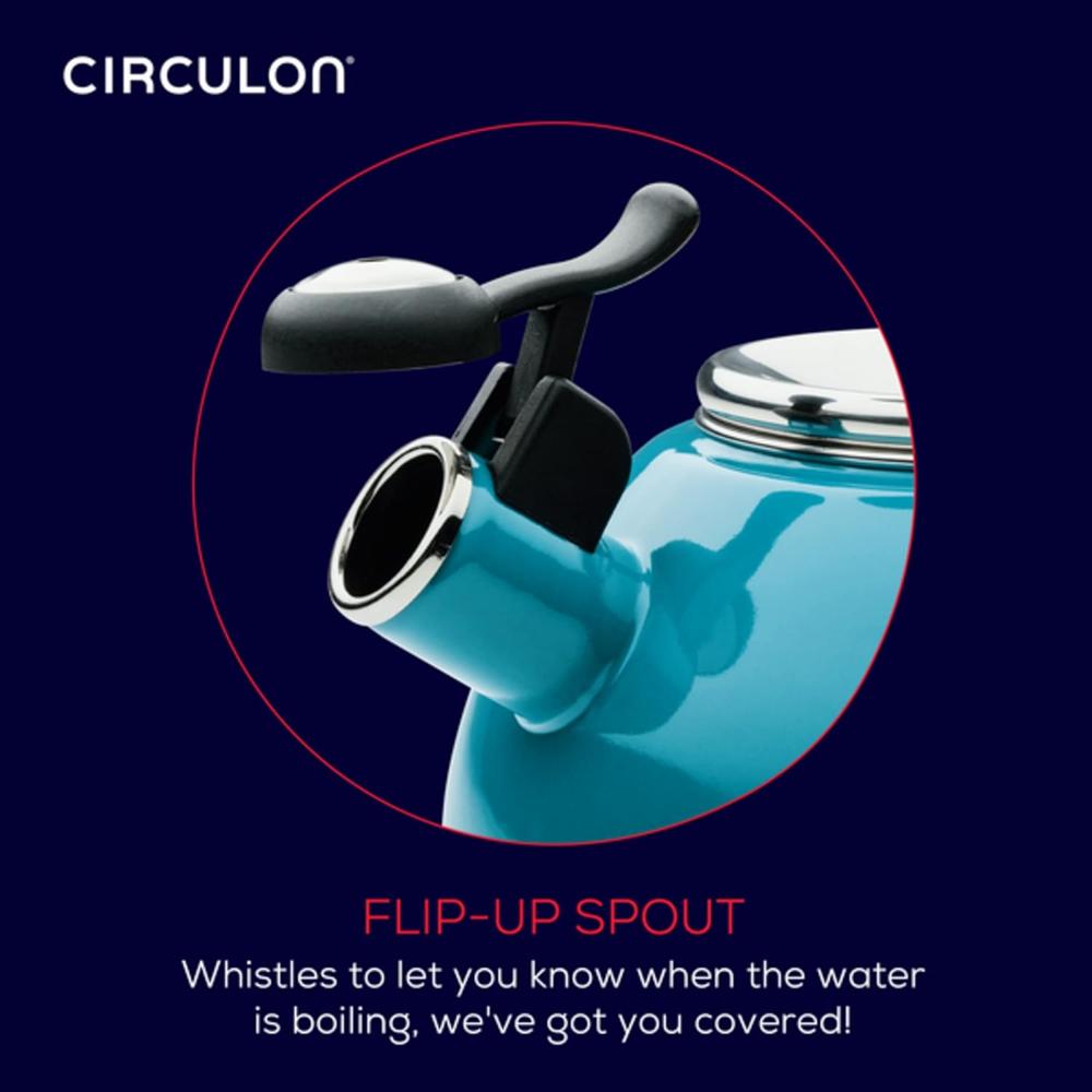 Meyer Circulon Enamel On Steel Whistling Tea Kettle | Hot Water Kettle with Heat-Resistant Phenolic Grip, 1.9 Liters | Gas stovetop and Induction Compatible, Turquoise 48167