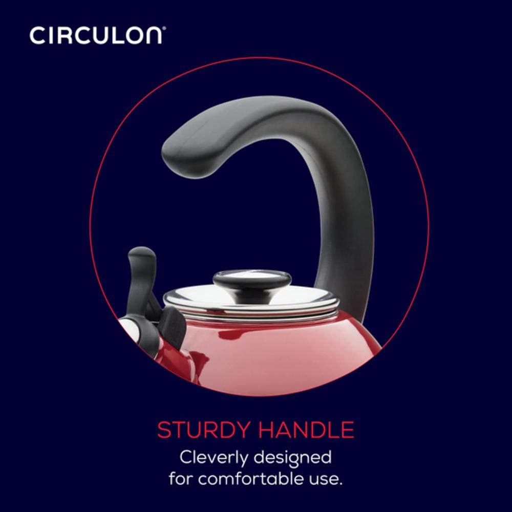 Meyer Circulon Enamel On Steel Whistling Tea Kettle | Hot Water Kettle with Heat-Resistant Phenolic Grip, 1.9 Liters | Gas stovetop and Induction Compatible, Red 48170