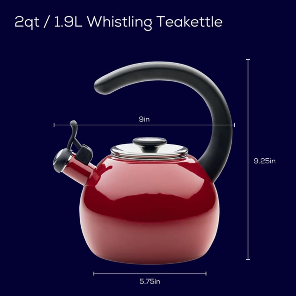 Meyer Circulon Enamel On Steel Whistling Tea Kettle | Hot Water Kettle with Heat-Resistant Phenolic Grip, 1.9 Liters | Gas stovetop and Induction Compatible, Red 48170